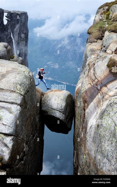 Norway Rogaland Lysefjord Kjerag Kiragg Hiker On Kjeragbolten