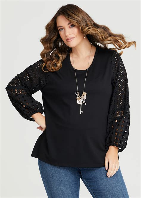 Shop Plus Size Bamboo Ponte Broderie Sleeve Top In Black Taking Shape Au