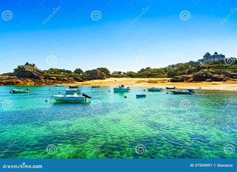 Tregastel Boats In Beach Bay Pink Granite Coast Brittany France