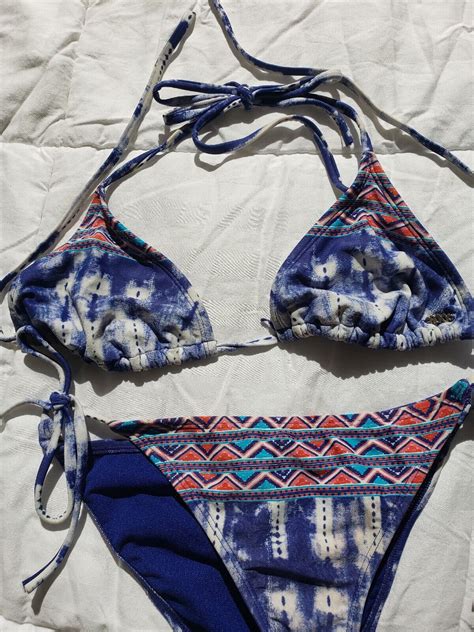 Roxy Bikini Small Blue Triangle Top Tie Bottoms Gem