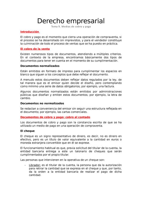 Tema 9 Medios De Cobro Y Pago I Derecho Empresarial Tema 9 Medios