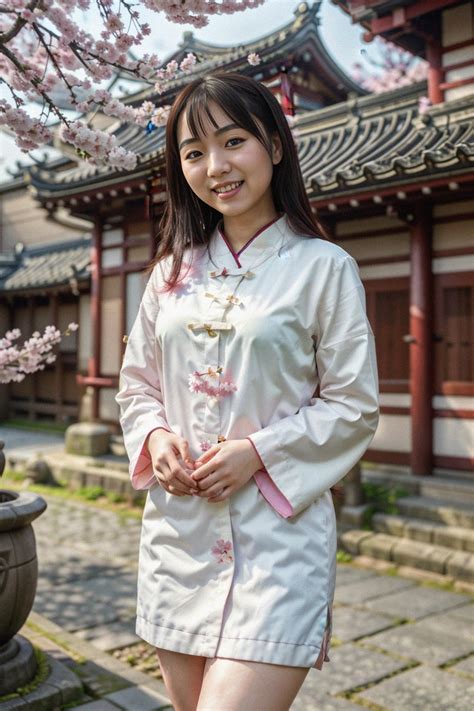 Smiling Woman In Japan With Japanese Cherry Blossom Trees And Japanese