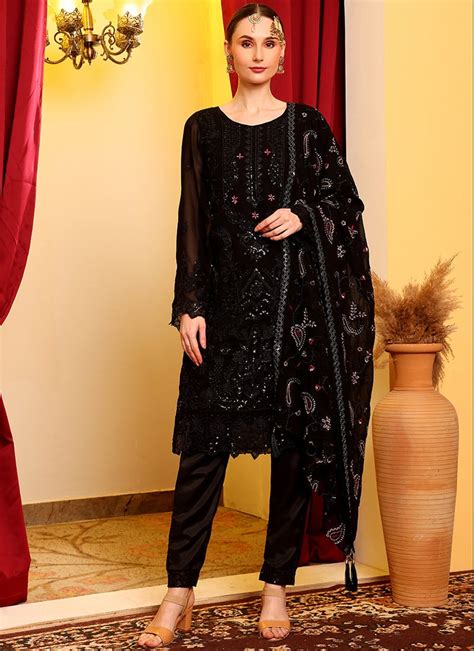 Shop Black Faux Georgette Hand Work Bead Pakistani Suit Party Wear