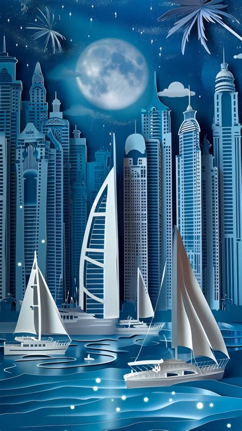 futuristic city artwork, modern city illustration, skyscrapers at night drawing, sailboats in ...