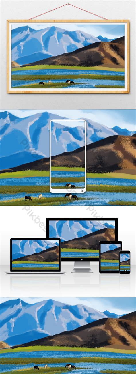 Summer Mountain Buffalo Herd Landscape Wallpaper Poster Drawing ...