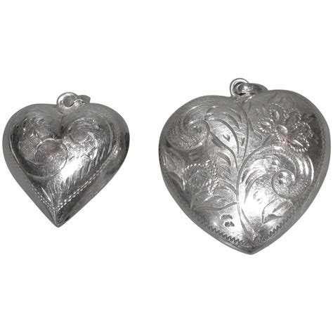 Pair 2 Vintage Solid Sterling Silver Puffy Heart Pendants Large