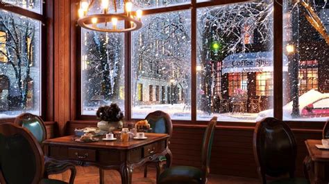 Snow Night On Window At Coffee Shop Ambience With Relaxing Smooth Jazz