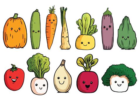 Cute Vegetables Set Vector Vegetables With Face Cartoon Hand Drawn