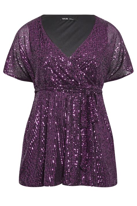 Yours London Plus Size Purple Sequin Short Sleeve Wrap Top Yours Clothing