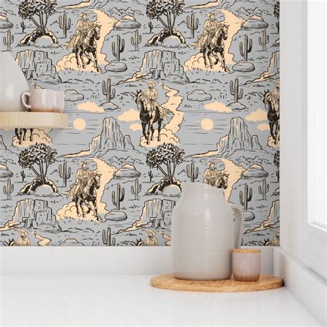 vintage retro western cowboy toile , Wallpaper | Spoonflower