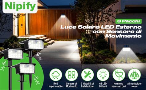 Nipify 3 Pezzi Faretti Solari A LED Da Esterno Con Sensore Di Movimento