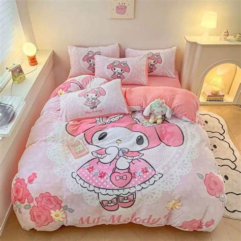 Sanrios Bedding Set Cute Hello Kitty Kuromi Melody Quilt Cover Flat