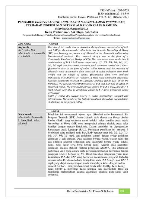 PDF PENGARUH INDOLE 3 ACETIC ACID IAA DAN BENZYL AMINO PURINE BAP