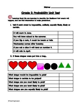 Grade 2 Probability Unit Test Based On Ontario S New Math Curriculum