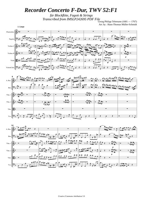 Telemann G P Concerto F Dur Twv 52 F1 [rec Bsn Strings] Sheet