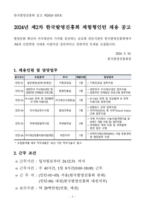 한국발명진흥회 2024년 제2차 공무직전문계약직체험형 인턴 채용 공모전 대외활동 링커리어