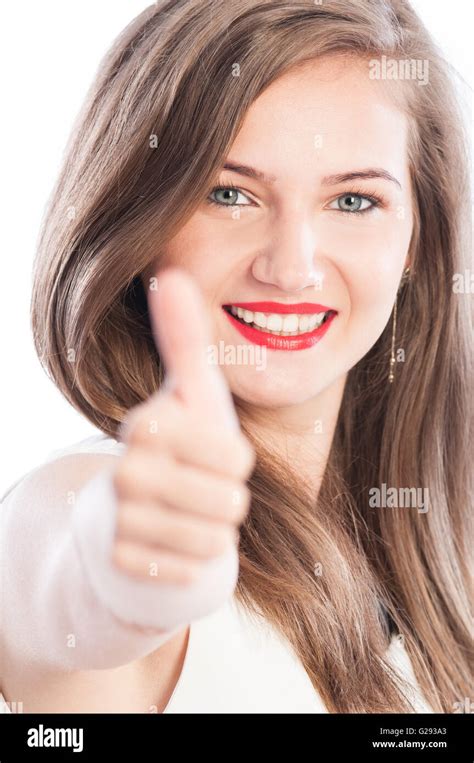 Business Woman Showing Thumbs Up With Focus On Face On White Background