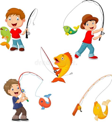 Pesca Do Menino Dos Desenhos Animados Em Um Barco Ilustra O Do Vetor