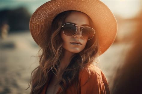 Premium Photo A Woman Wearing Sunglasses And A Hat Stands On A Beach