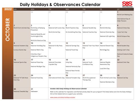 Daily Holidays And Observances Printable Calendar Archives Sands Blog