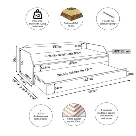 Bicama Solteiro Duo Cama Auxiliar Em Mdf Premium Branco