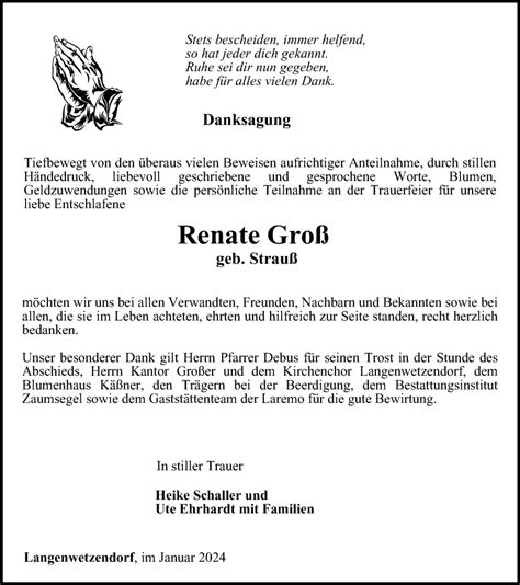 Traueranzeigen von Renate Groß trauer in thueringen de