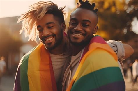 Premium Ai Image Multiethnic Gay Couple Holding Rainbow Flags On