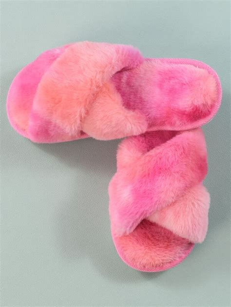 Tie Dye Criss Cross Fuzzy Bedroom Slippers Shein Usa