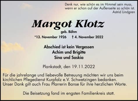 Traueranzeigen Von Margot Klotz Trauerportal Ihrer Tageszeitung