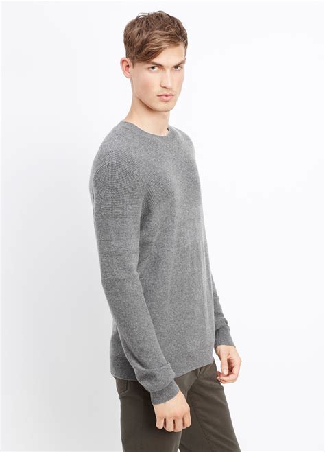 Vince Wool Cashmere Mixed Stitch Crew Neck Sweater In H Carbon Black