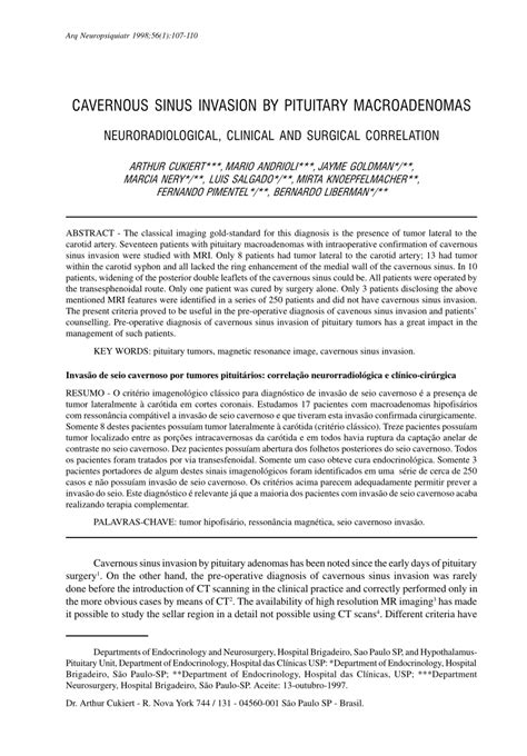 Pdf Cavernous Sinus Invasion By Pituitary Macroadenomas