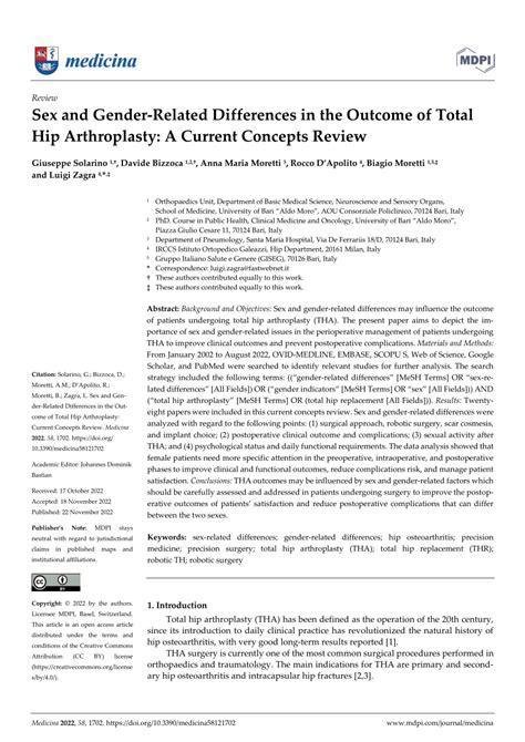 Pdf Sex And Gender Related Differences In The Outcome Of Total Hip Arthroplasty A Current