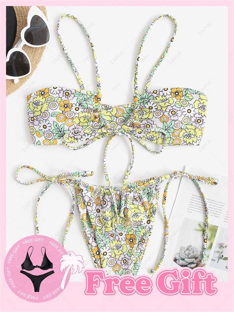 Buy Get Free Bikini Set Ribbed Ditsy Print Tied Loincloth Bikini