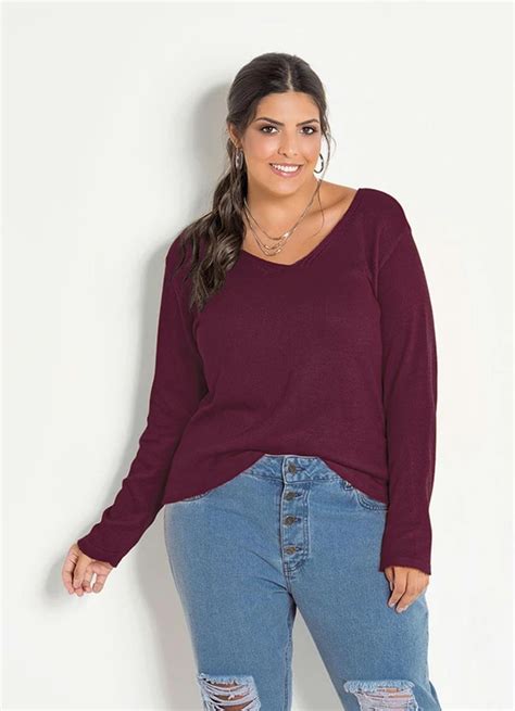 Blusa Tricô Decote V Marsala Plus Size Marguerite