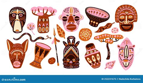 African Elements Ethnic Totem Faces Traditional Masks And Drums