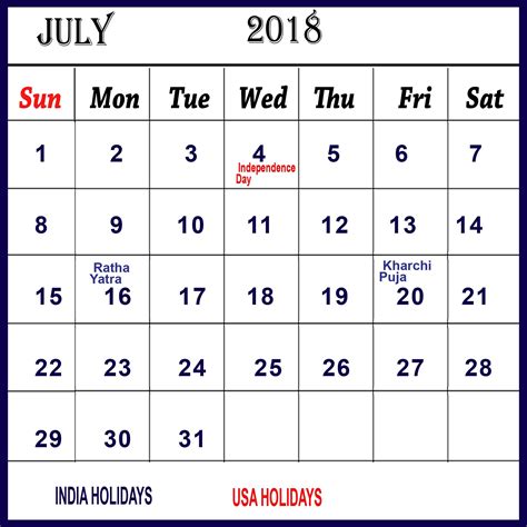 Calendar For 2018 July