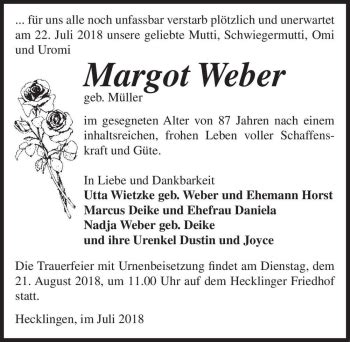 Traueranzeigen von Margot Weber geb Müller abschied nehmen de