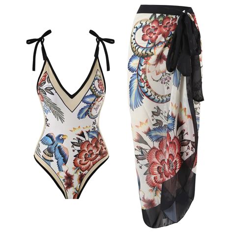 2023 Sexy Retro Floral Print One Piece Swimsuit Deep V Neck Swimwear