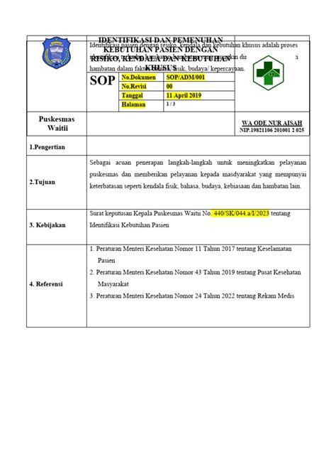 Sop Identifikasi Dan Pemenuhan Kebutuhan Pasien Dengan Risiko Pdf