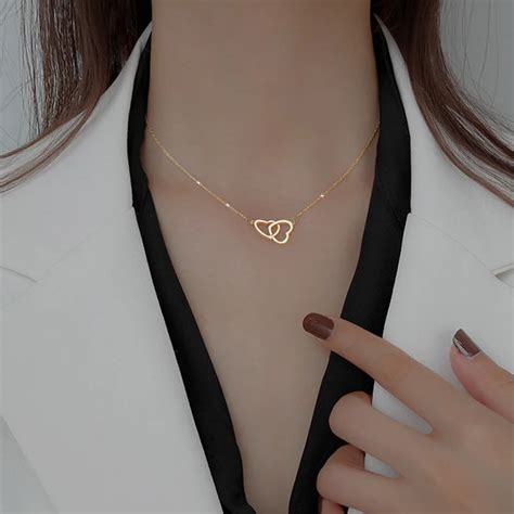 Double Heart Necklace For Women Girls Clavicle Chain Interlocking