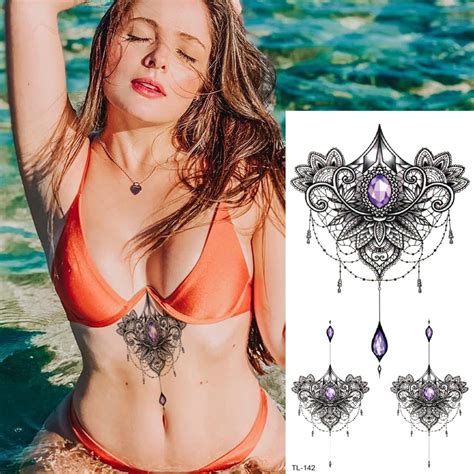 Sternum Temporary Tattoo Sticker Under Breast Tattoo Women Sexy Tatoo Mehndi Stickers Bikini