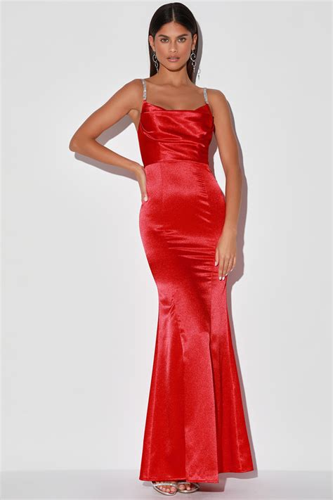 Red Maxi Dress Satin Rhinestone Maxi Gown Mermaid Maxi Dress Lulus