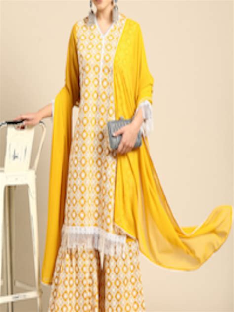 Buy Anouk Women Mustard Yellow And White Ethnic Motifs Embroidered Kurta With Sharara And Dupatta