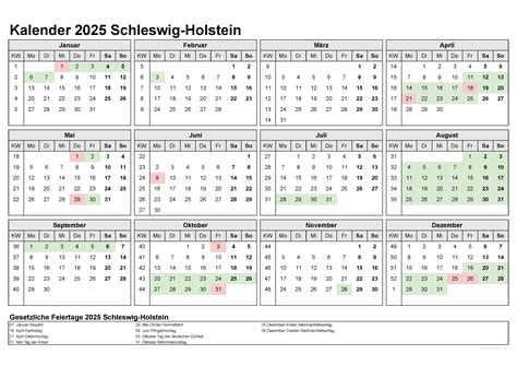 Kalender 2025 Schleswig Holstein Kostenlos Ferien Übersicht Feiertage