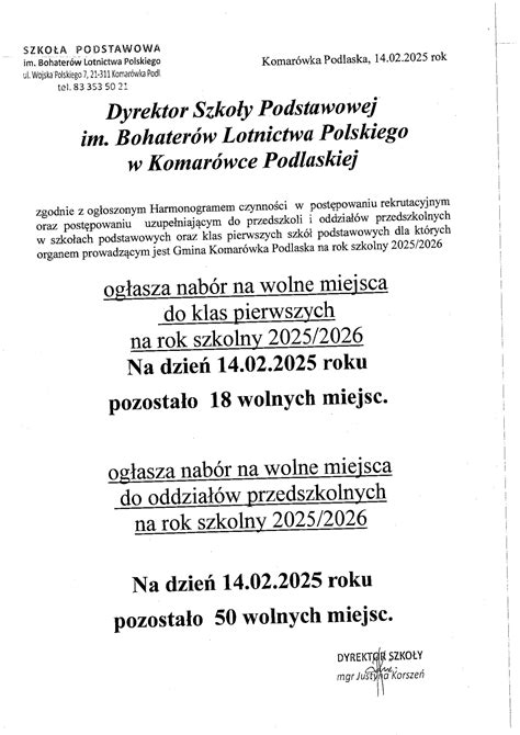 Informacja O Wolnych Miejscach W Klasach Pierwszych I Oddzia Ach