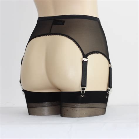 Allacki Stretchy Garter Belt 6 Straps Suspender Belt Sheer Mesh Girdle