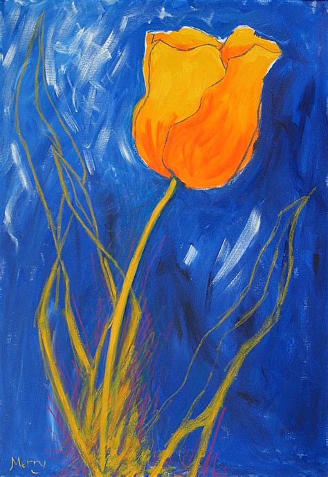 Yellow Tulip on Blue - Merry Sparks Yellow Tulip On Blue painting by ...