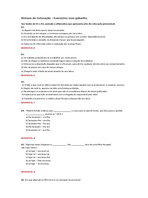 Exercícios De Sintaxe Com Gabarito Pdf - Sintaxe de Colocação - Exercícios Com Gabarito | PDF | Business