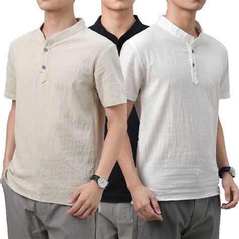 Baju Kemeja Lelaki Lengan Pendek Cotton Linen Stand Collar Shirt Men S