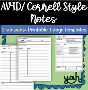 Avid Cornell Note Taking Template Paper Fnt Summary Printable Column